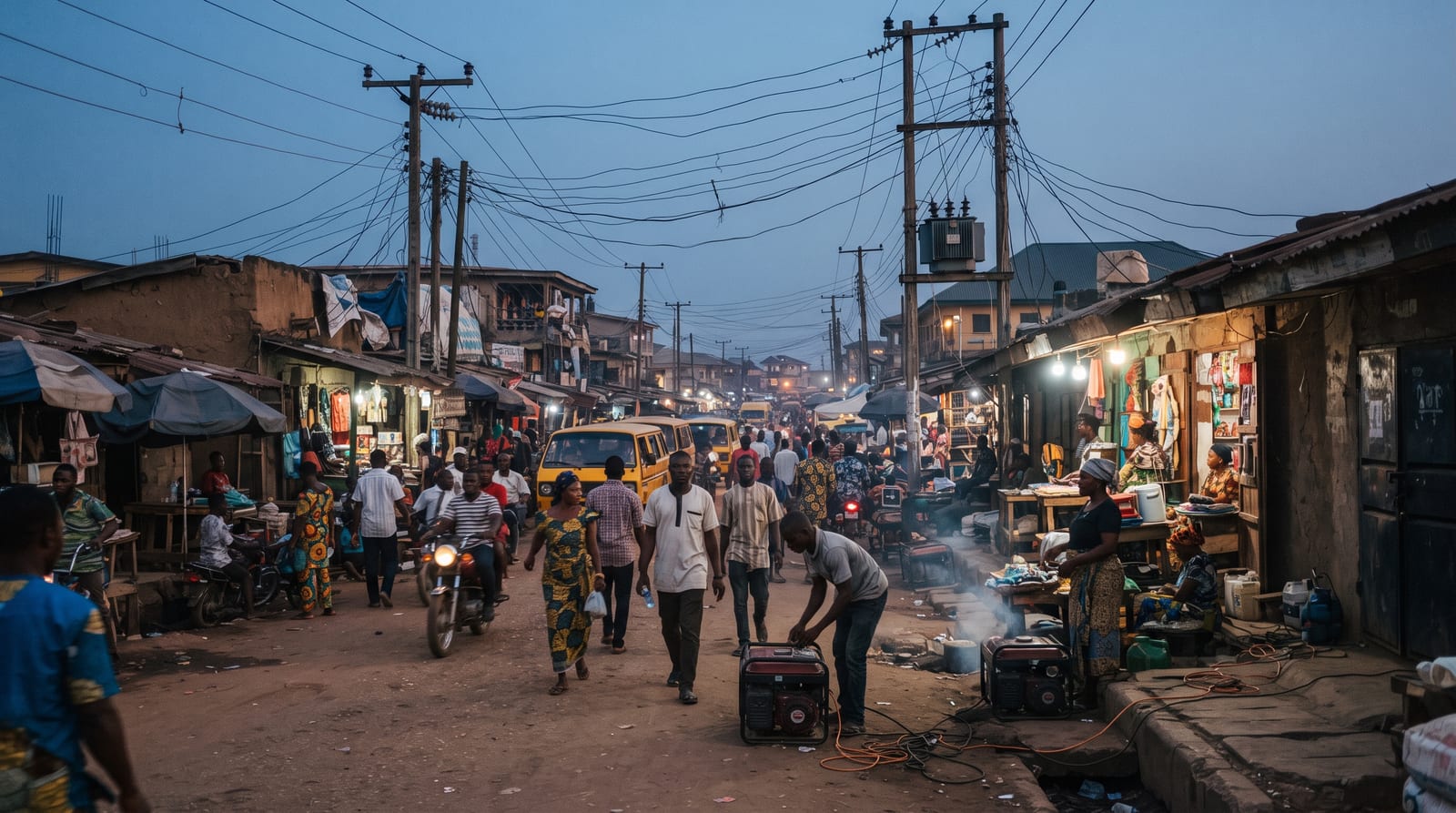 Lagos street at dusk with shops running on generators