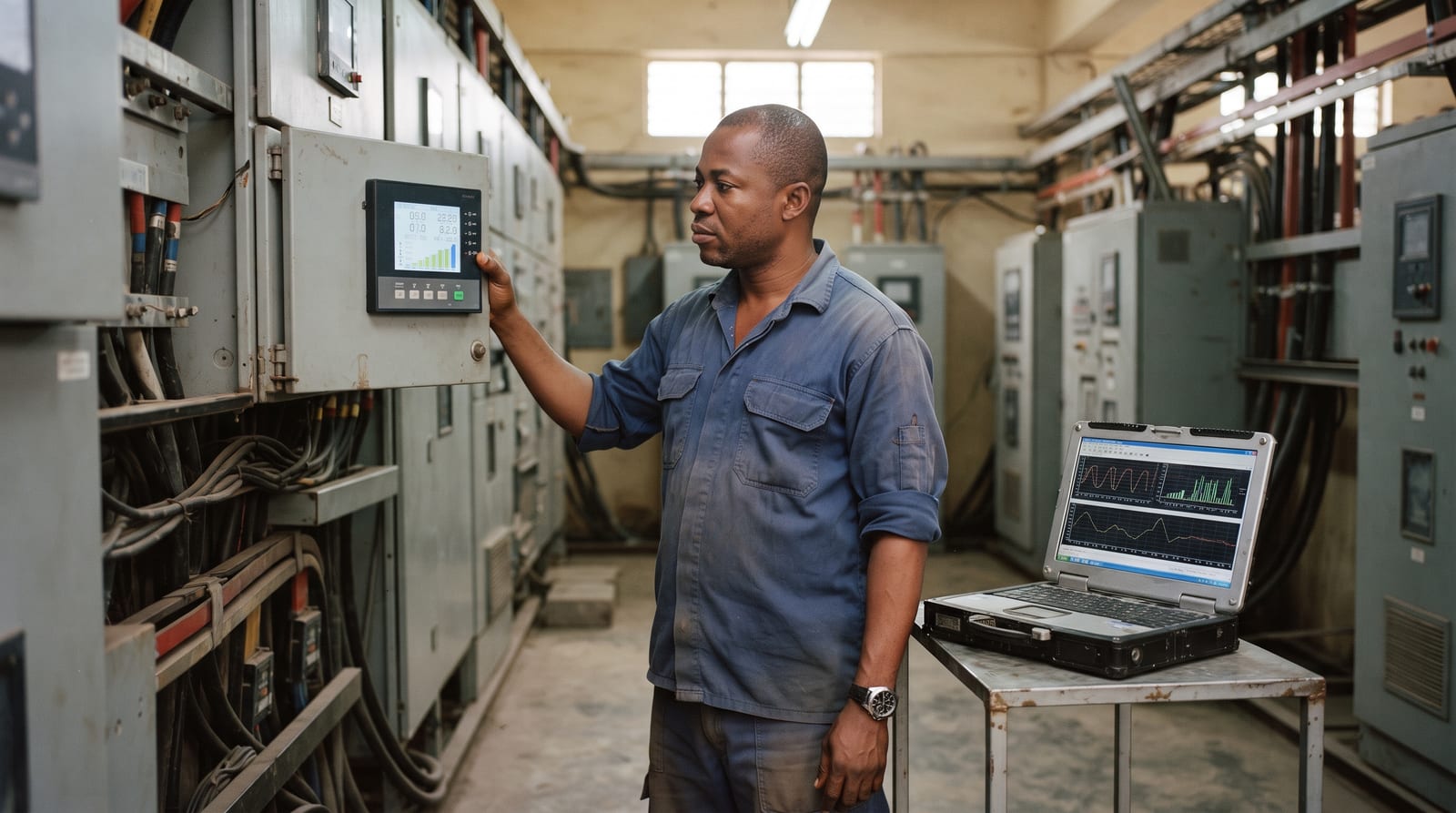 Facility manager checking a power monitoring meter