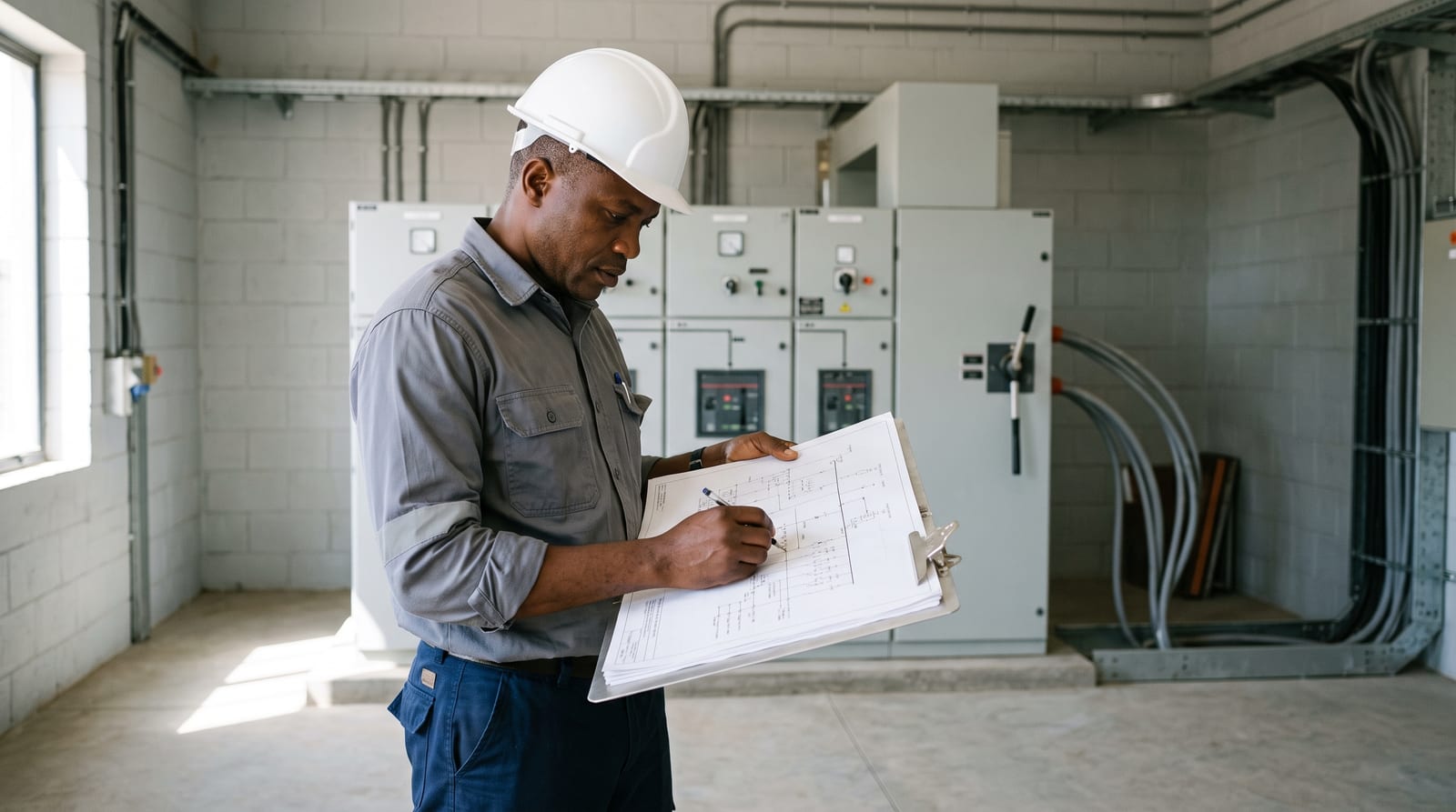 Engineer reviewing an electrical schematic beside ring main unit panels