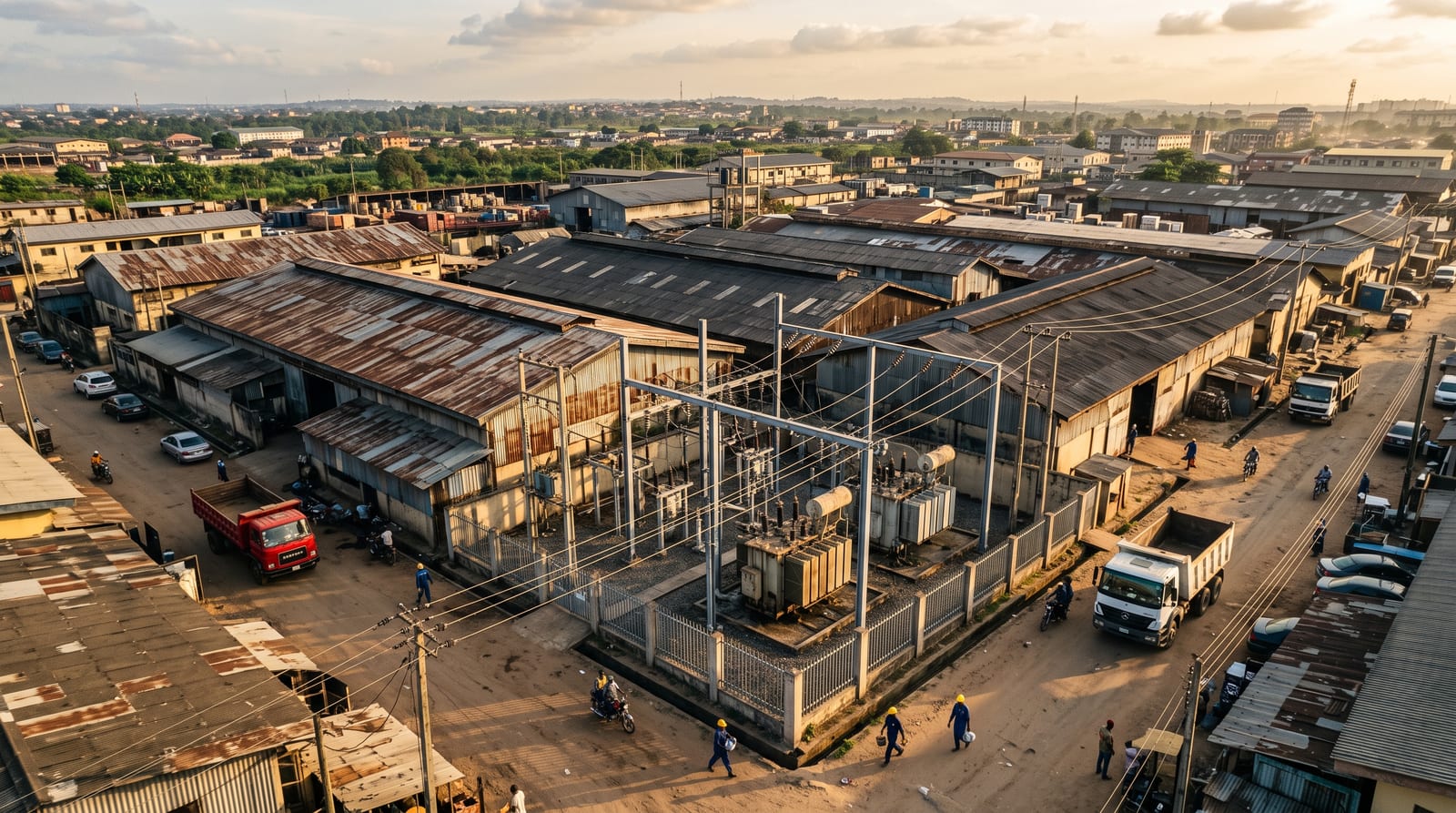 Aerial view of an industrial estate with a substation and power lines