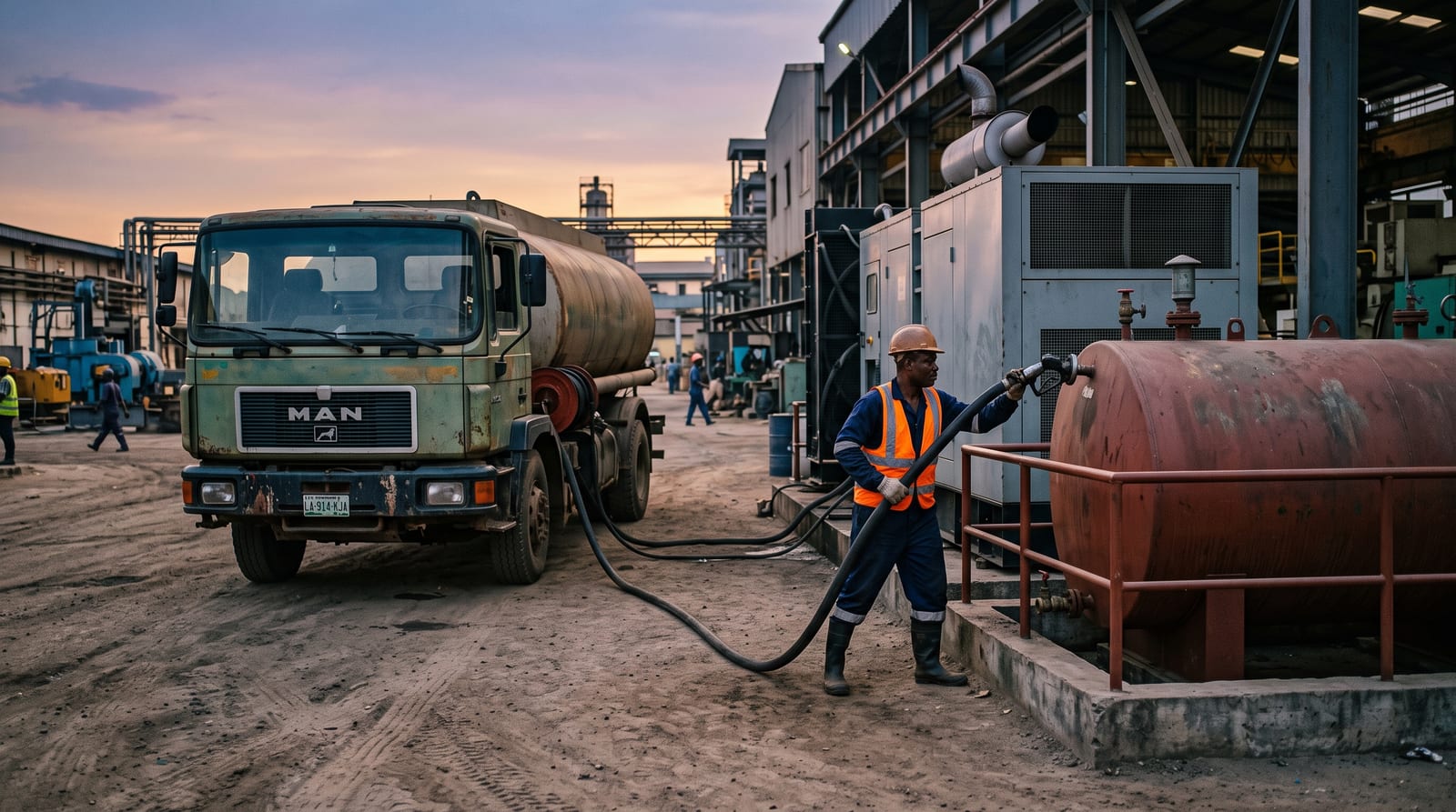 Diesel tanker refuelling a factory generator tank at dusk