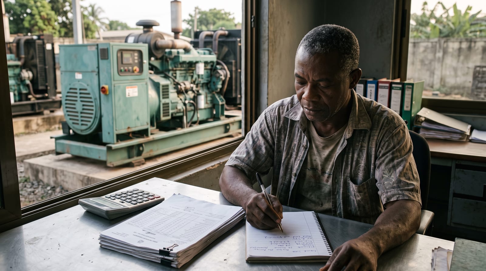 Factory manager reviewing fuel receipts with a generator visible outside