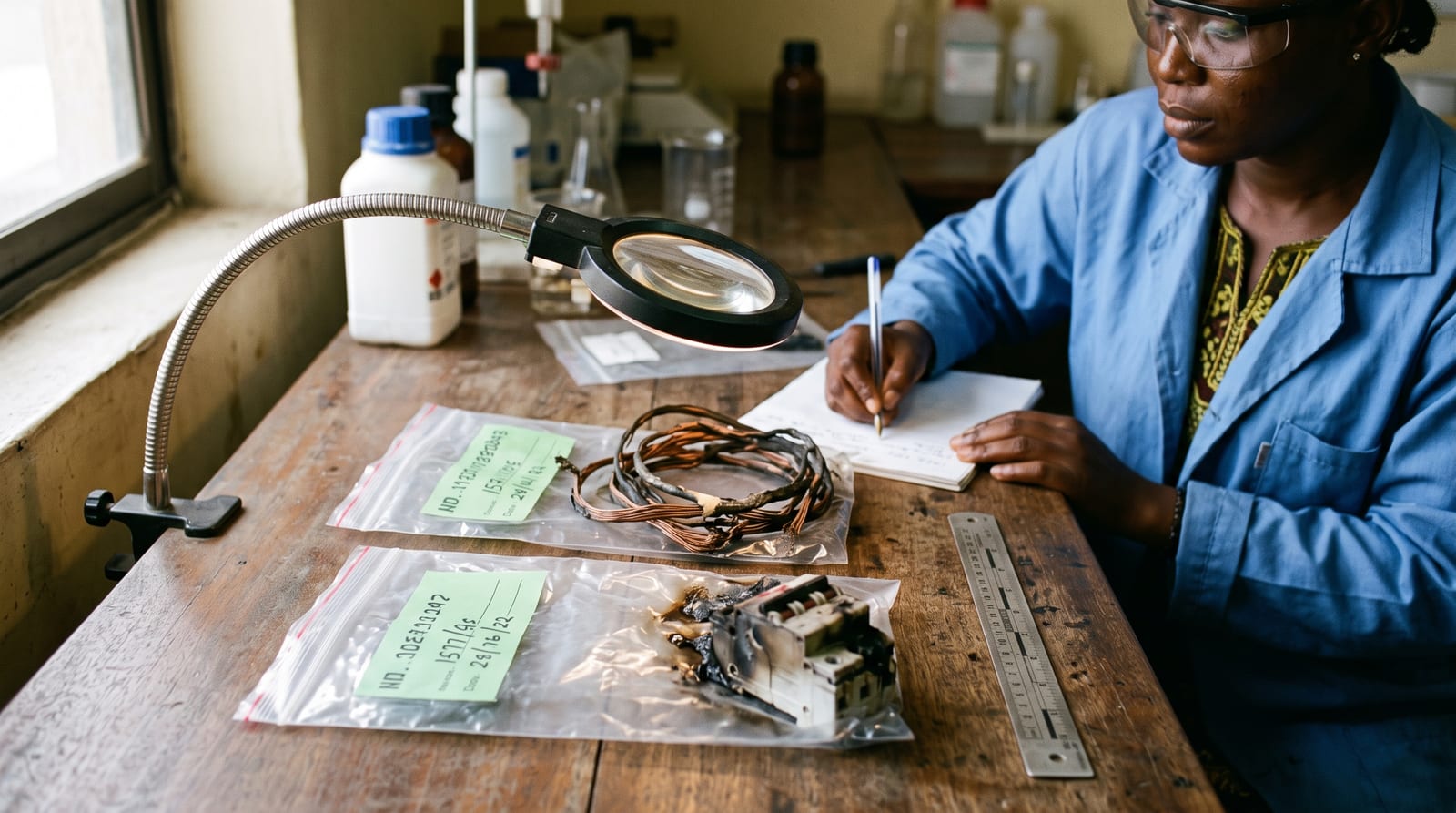 Fire-damaged conductors and a breaker in labelled evidence bags