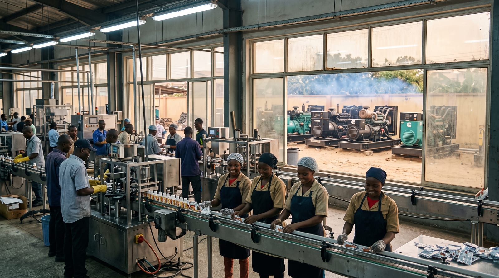Factory floor with diesel generators visible through the window