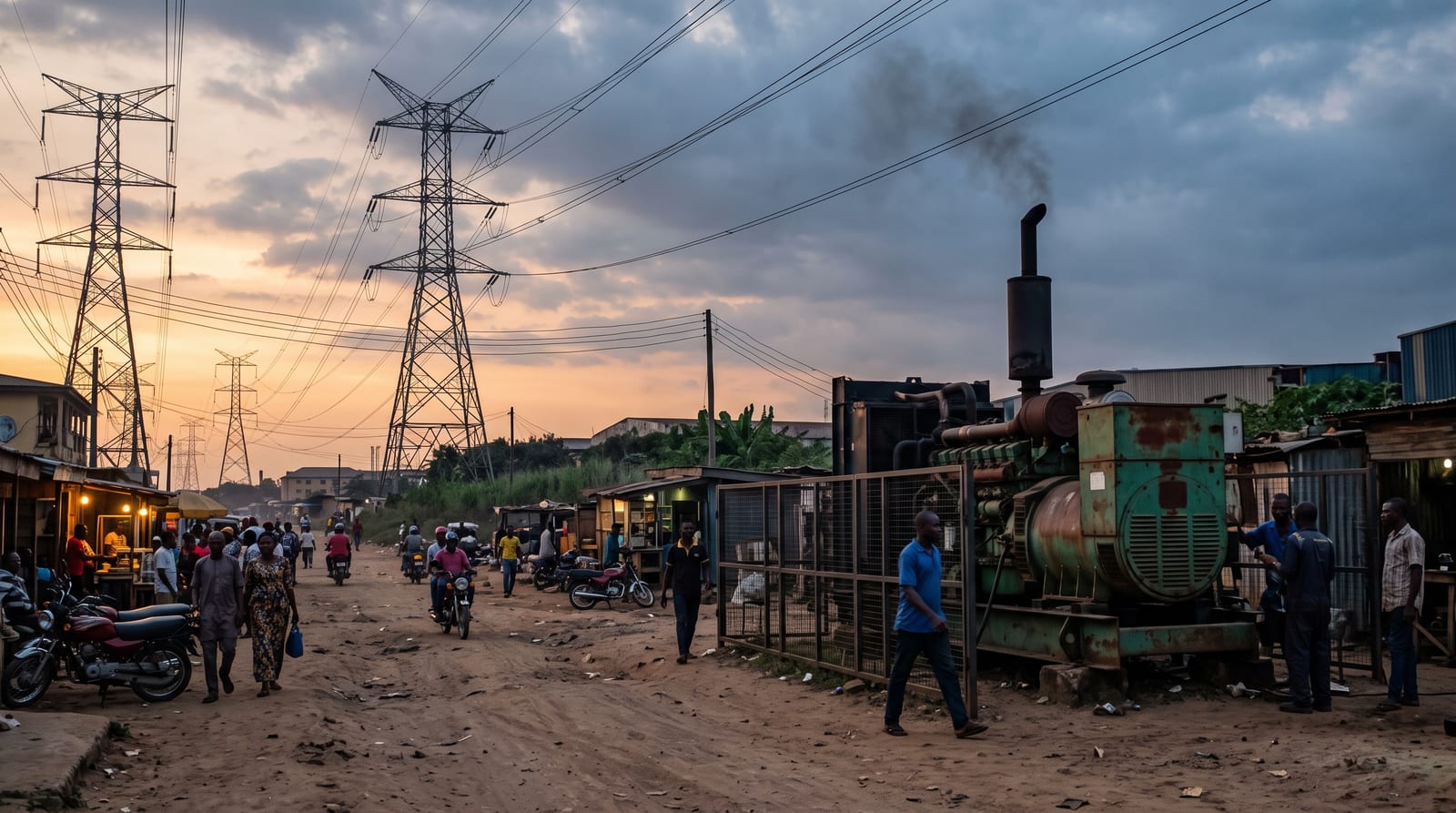Power lines and a diesel generator side by side at dusk