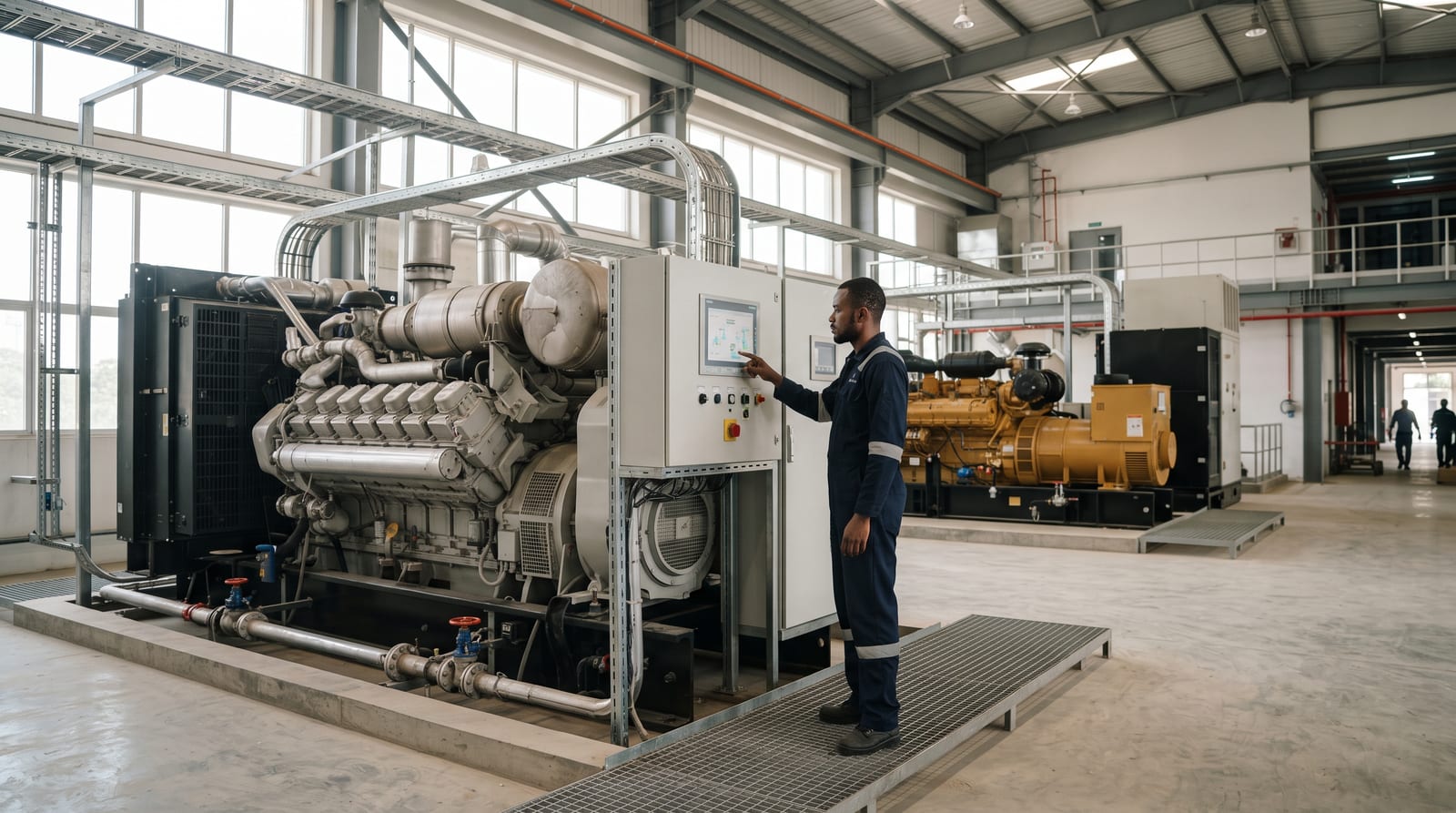 Gas engine generator set in the foreground of a generator hall