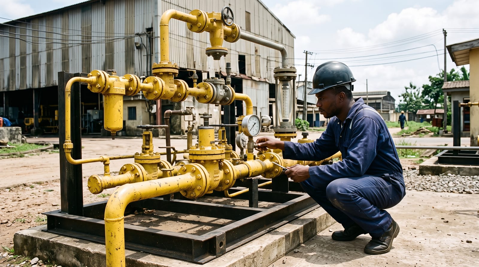 Gas pressure reduction and metering skid outside a factory