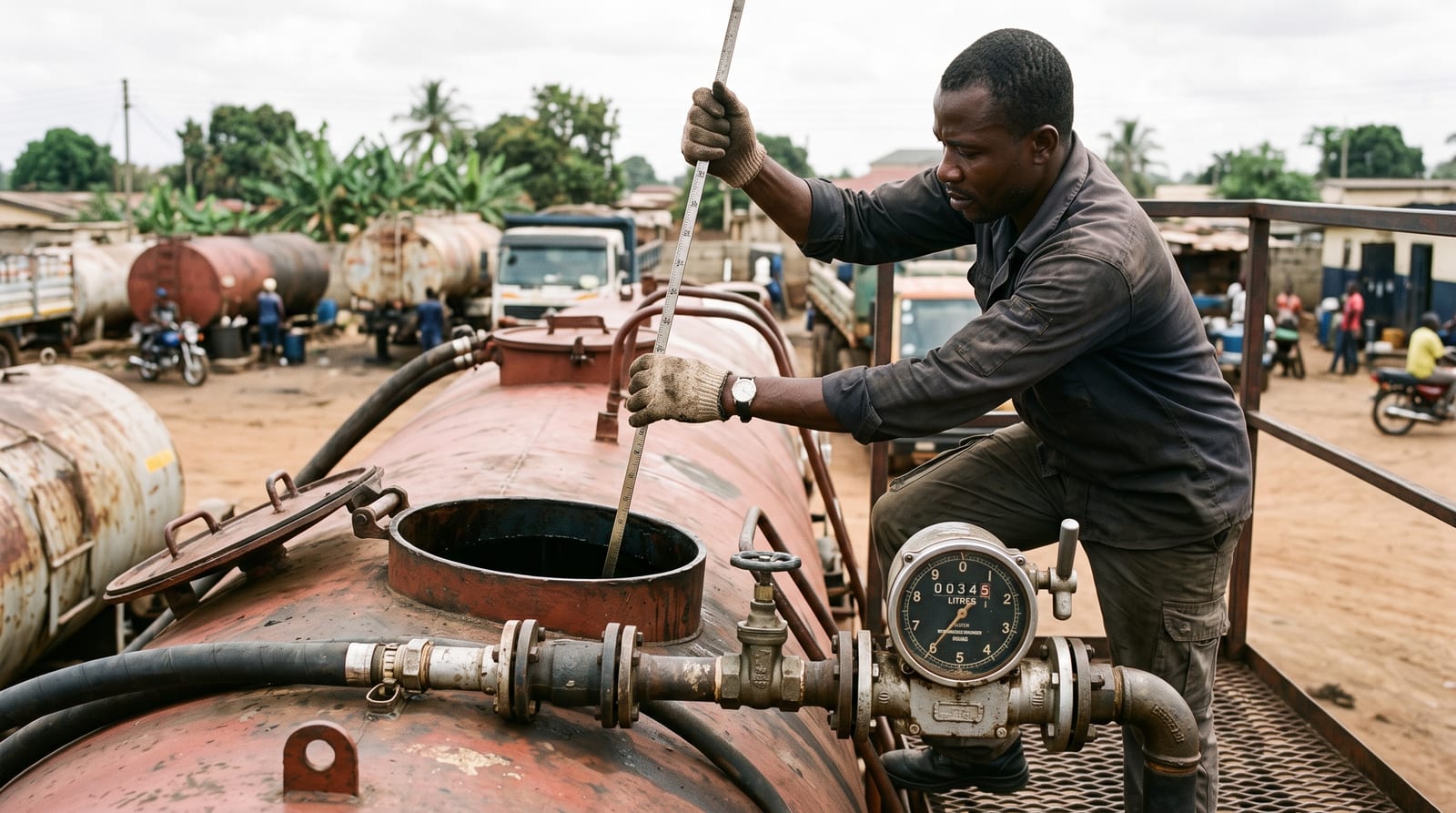 Technician dipping a diesel storage tank beside a fuel flow meter