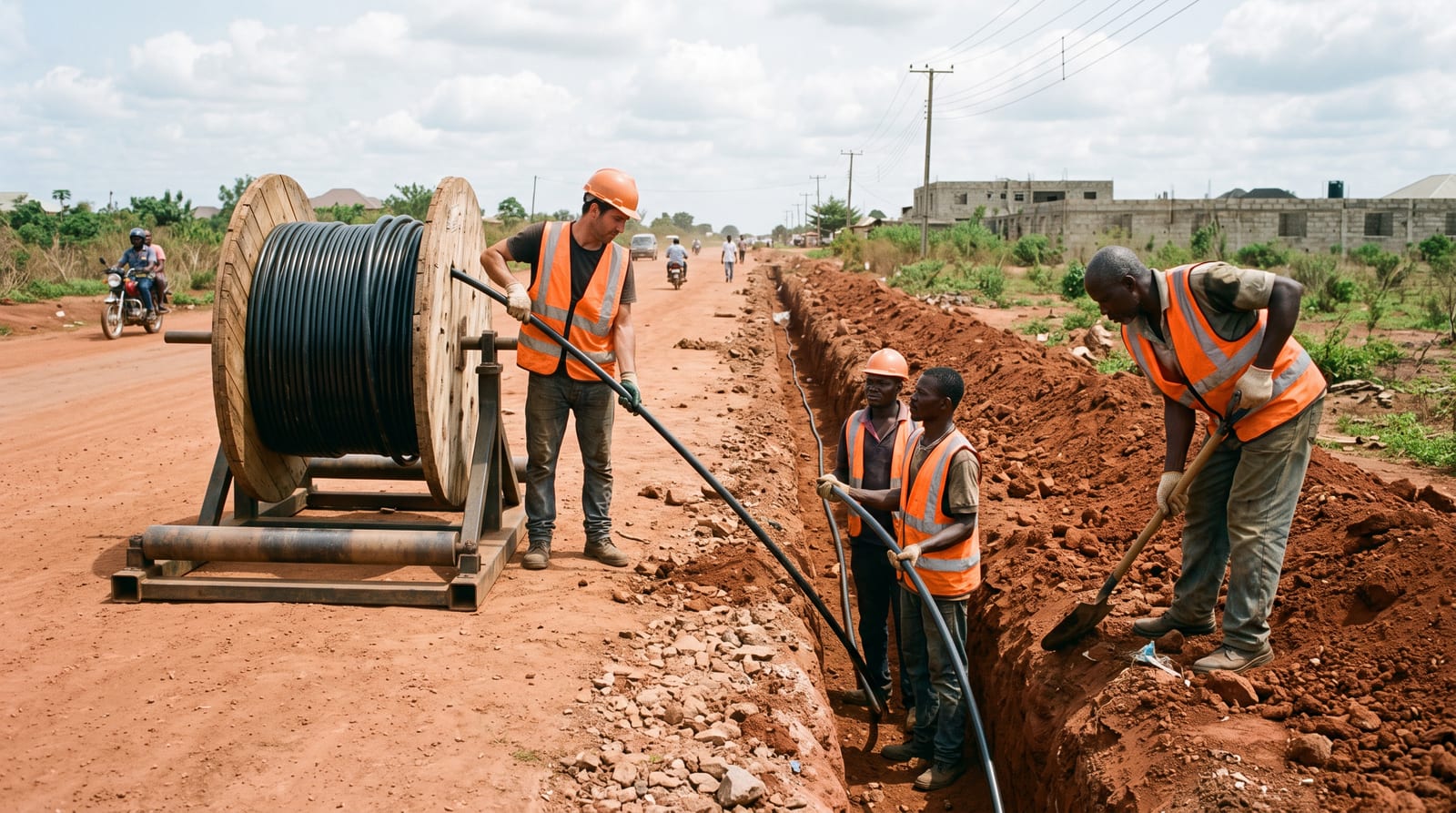 Crew laying medium-voltage underground cable into a trench