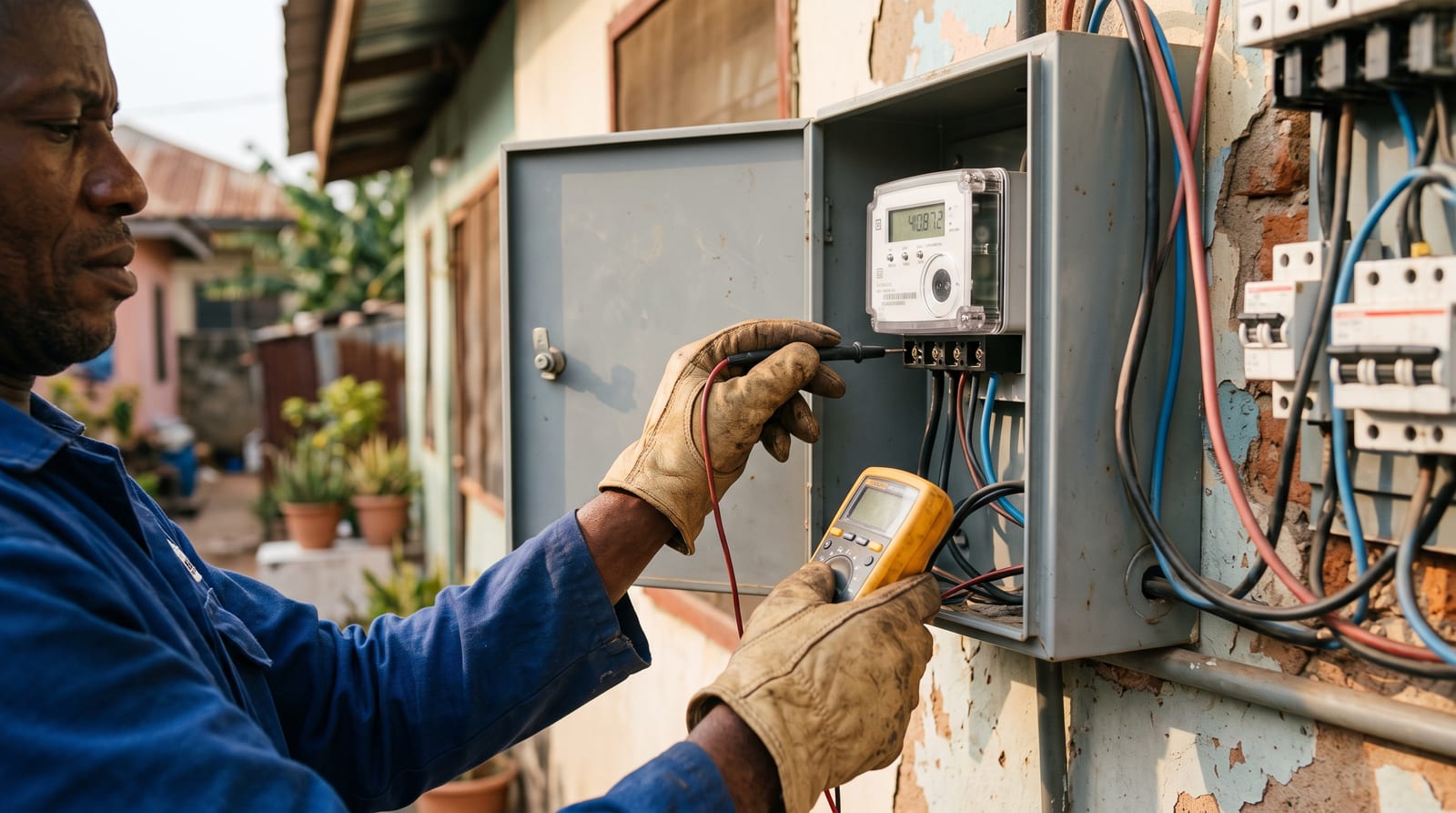 Bidirectional electricity meter being tested in a metering cabinet