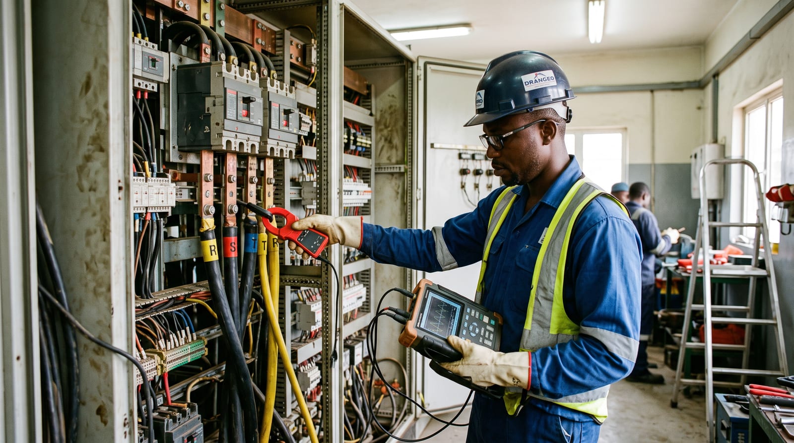Engineer connecting a power quality analyser to a main switchboard