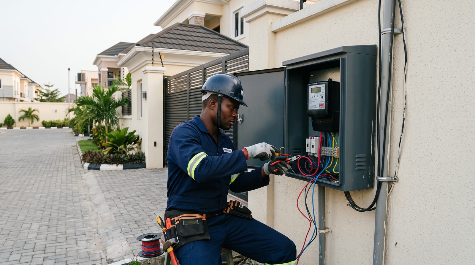 Technician installing a prepaid meter in a secure enclosure